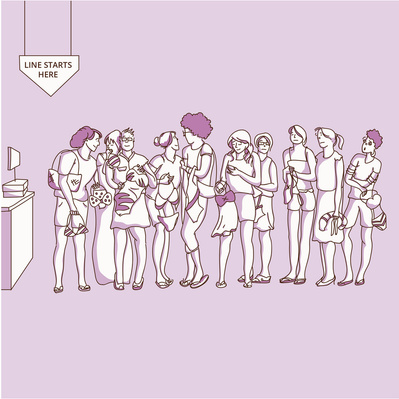 Vector illustration: Social media advertisement featuring a woman at the end of a long line, waiting to buy a swimsuit, designed for online promotion.