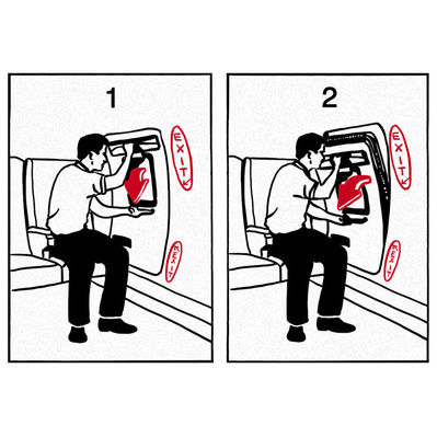 Black and white blog illustration featuring a 4-panel comic of a man on an airplane ripping off the emergency exit door and using it as a laptop tray, adding humor to travel situations