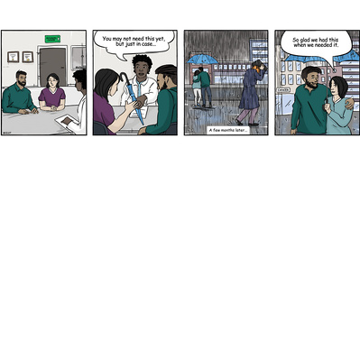 Comic illustrations created for UHN, showcasing the effects of post-palliative care options in a clear, engaging comic style, highlighting the emotional and physical aspects of patient care and recovery.