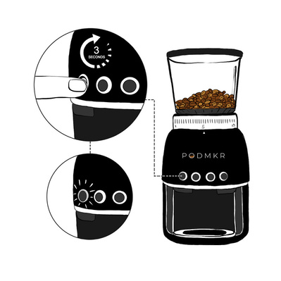 Technical black and white illustration showing the step-by-step process of setting up a coffee maker and grinding beans, with clear visuals for easy understanding of each stage in the brewing process.