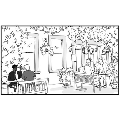 Live event sketching in black and white of two people enjoying a pint on the outdoor patio of a pub in London. Capturing the relaxed atmosphere, ideal for event and street scene illustration.
