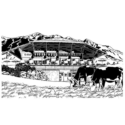 Venue illustration of a Switzerland-based chalet, created in a bold black and white style, showcasing the exterior architecture and scenic setting in a striking, detailed design.