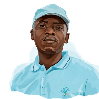 Biographical illustration of an African man wearing a company shirt and hat, portrayed in vivid digital style, highlighting his professionalism and cultural identity with bold, vibrant colors and detailed features.