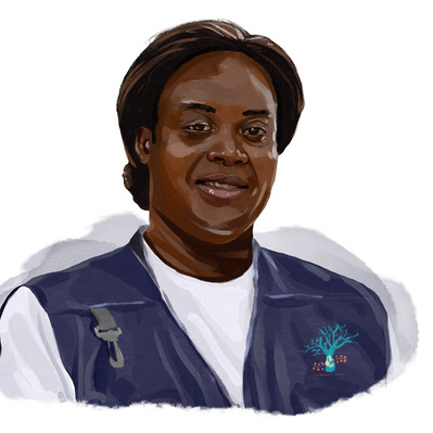 Historical and biographical illustration of an African woman in a corporate shirt, depicted in vivid digital style, showcasing her professionalism and cultural pride with detailed, vibrant colors and expressive features.
