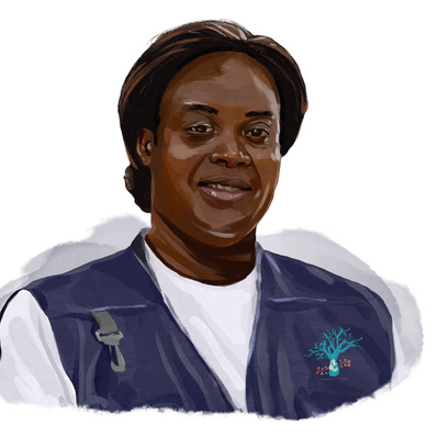 Historical and biographical illustration of an African woman in a corporate shirt, depicted in vivid digital style, showcasing her professionalism and cultural pride with detailed, vibrant colors and expressive features.