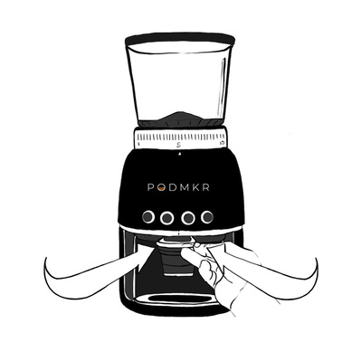 echnical black and white illustration showing the step-by-step process of removing the filter from a coffee machine, highlighting key actions for easy understanding of the filter removal procedure.