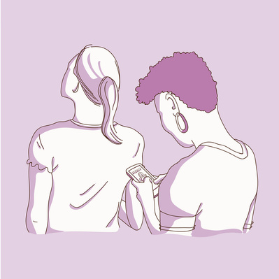 Vector illustration: Social media advertisement featuring a woman online shopping on her phone while waiting in line to buy a swimsuit, designed for online promotion.
