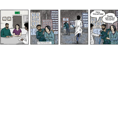 Comic illustration showing palliative care options presented to a client too late, highlighting the emotional impact on the patient and their family, emphasizing the consequences of delayed care in a thoughtful comic style.
