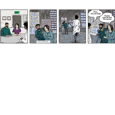 Comic illustration showing palliative care options presented to a client too late, highlighting the emotional impact on the patient and their family, emphasizing the consequences of delayed care in a thoughtful comic style.