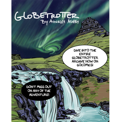 Globetrotter comic social media illustration: Promotional artwork by Ainsley Ashby featuring travel through Iceland and the Northern Lights.