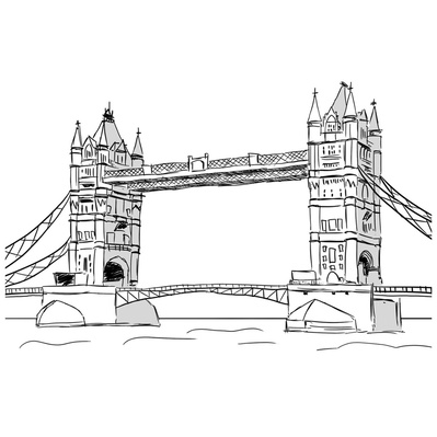 Venue illustration of Tower Bridge in London, UK, created in a detailed black and white sketch style, highlighting the iconic structure and intricate architectural features.