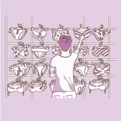 Vector illustration: Social media advertisement showcasing a woman shopping for swimsuits in a store, designed for online promotion.