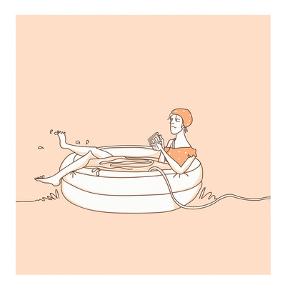 Vector illustration advert for Swimsuits Direct: a humorous scene of a woman wading in a child's pool while online shopping for swimsuits. Playful, engaging artwork for swimwear marketing and online shopping promotions.