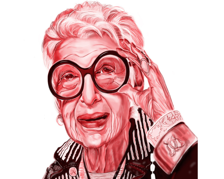 A monochromatic, realistic portrait of Iris Apfel, the iconic fashion goddess. This powerful image captures her unique style and influence, perfect for entertainment, media, and comics.