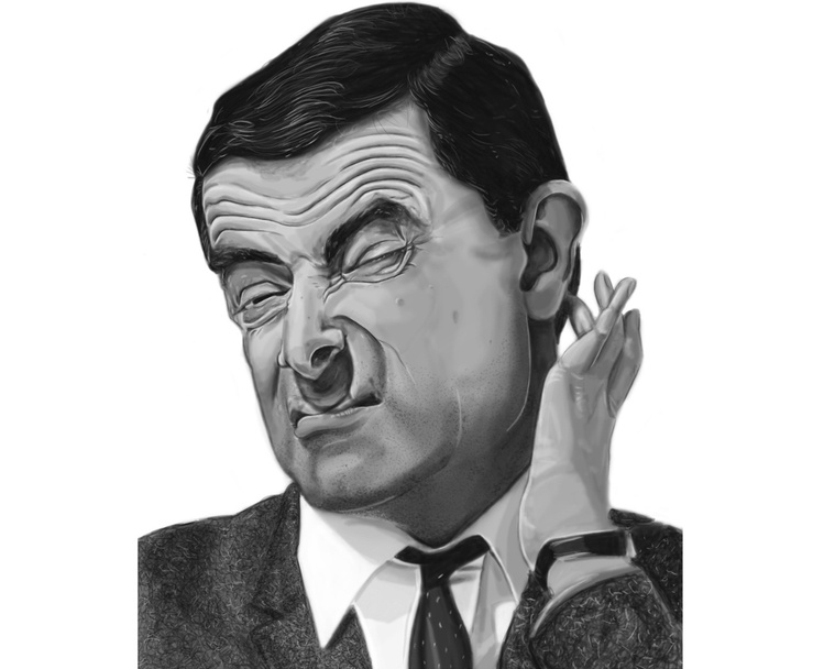 A realistic black and white portrait of Mr. Bean, the iconic British comedian. Created by Ainsley Ashby, this illustration is perfect for entertainment, media, and comics, capturing the character's timeless appeal.