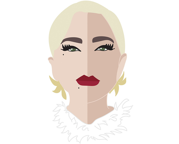A striking vector portrait illustration of Lady Gaga, featuring a dramatic split face and vibrant tonal colors. This captivating image is perfect for fashion, advertising, and editorial purposes, showcasing her iconic status and unique style.