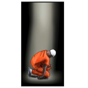 Digital painting of a prisoner kneeling in a posture of despair. Realistic portrayal of emotional anguish and captivity, ideal for editorial and social commentary.