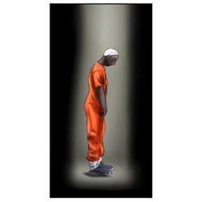 Digital painting of a prisoner experiencing despair, head bowed in submission. Realistic style evokes empathy for the subject, ideal for editorial and social commentary.