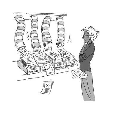 Illustration of a man standing and watching a torrent of information flowing down pipes, representing information overload. This SEO-optimized image effectively visualizes the concept of being overwhelmed by excessive data.