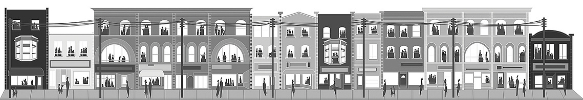 Technical vector illustration of Yonge Street in the 1960s, used for real estate development presentations.