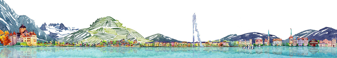 Watercolor illustration of iconic Swiss landmarks, capturing the country's rich history and culture. Used as a banner illustration for Forvest Bank, promoting their brand and services.
