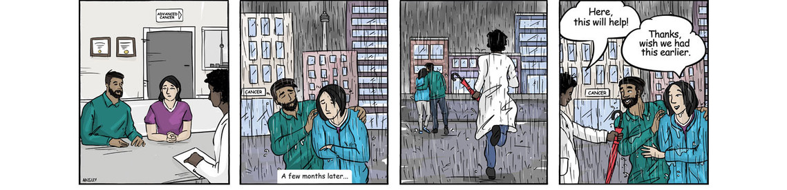 
A colorful comic for UHN and Princess Margaret Hospital, effectively communicating palliative care. This custom illustration is perfect for health and wellness initiatives, raising awareness about cancer care.