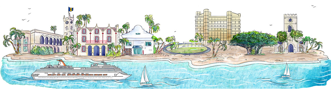 Watercolor and ink illustration of Barbados, featuring iconic landscapes, culture, and architecture. Used for Forvest Bank's global expansion.