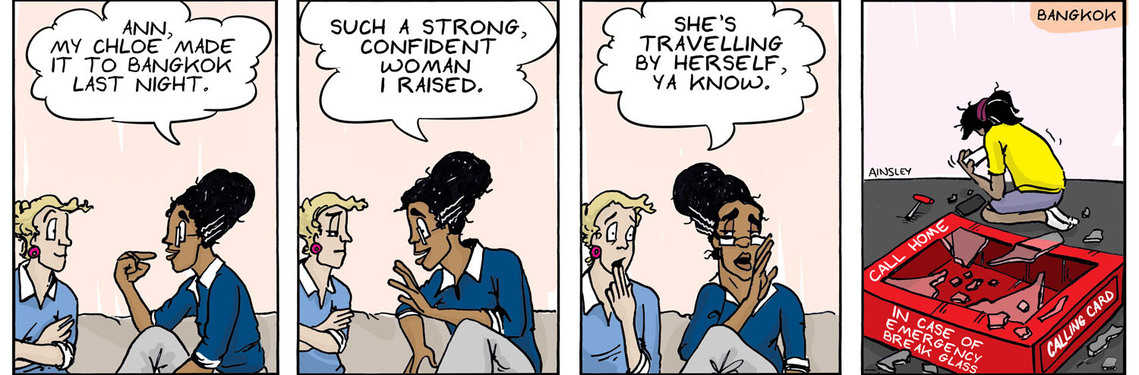 Globetrotter comic: Ainsley Ashby's Chloe breaks a glass box, revealing a Thailand card. Mom brags about Chloe's bravery and resilience. A fun and adventurous travel comic strip.