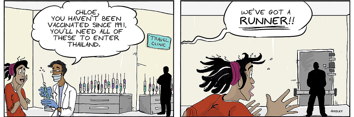 Globetrotter comic strip #46: Chloe avoids vaccinations at the doctor's office, fearing needles. A humorous moment in Ainsley Ashby's series.