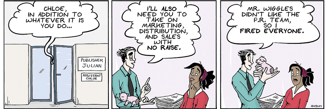  Globetrotter comic strip #3: Julian, Mr. Wiggles, and Chloe meet at Inko Publishing. Mr. Wiggles has fired everyone. A humorous twist in the series.