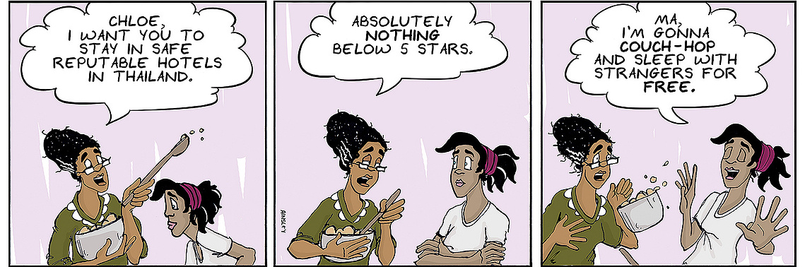 Globetrotter comic strip #40: Chloe discusses her Thailand trip with her mom, who expresses concern about her sleeping habits. A humorous moment highlighting mother-daughter dynamics.