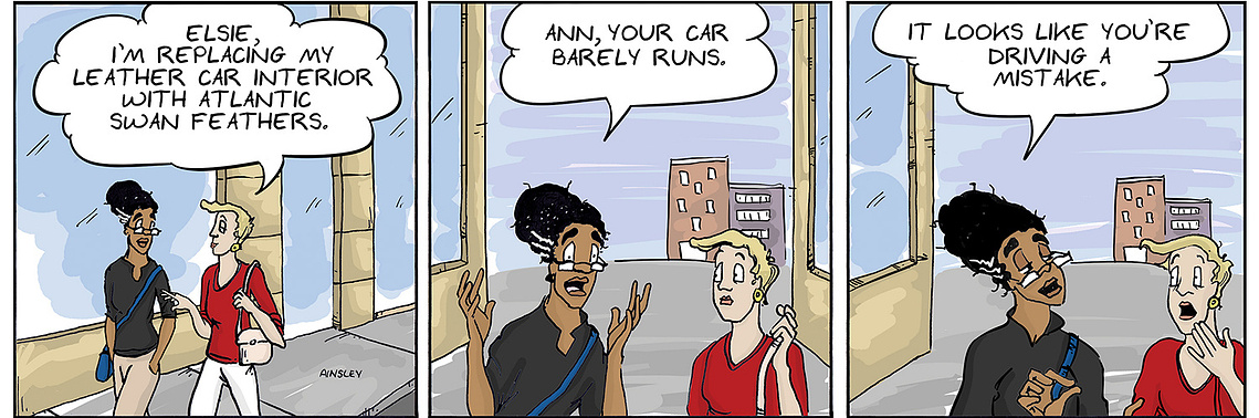  Globetrotter comic strip #47: Mom and BFF Ann discuss car decoration. A humorous side story in Ainsley Ashby's series.


