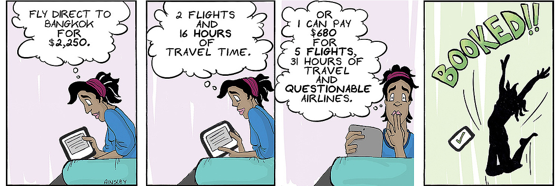 Globetrotter comic strip #23: Chloe excitedly books a cheap flight to Thailand from her couch. This humorous panel showcases the thrill of travel and adventure.