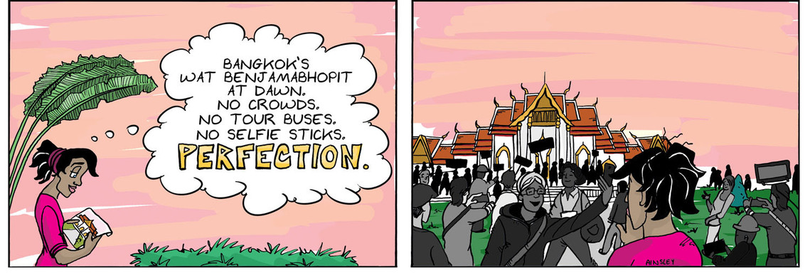 Globetrotter comic strip #82: Chloe explores a crowded Thai temple, encountering numerous tourists. A humorous moment in Ainsley Ashby's series.