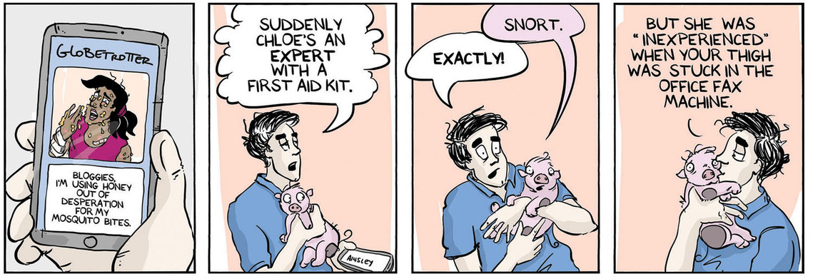 Globetrotter comic #112: Julian and Mr. Wiggles comment on Chloe's Thailand mosquito bite blog post. A humorous moment in Ainsley Ashby's series.