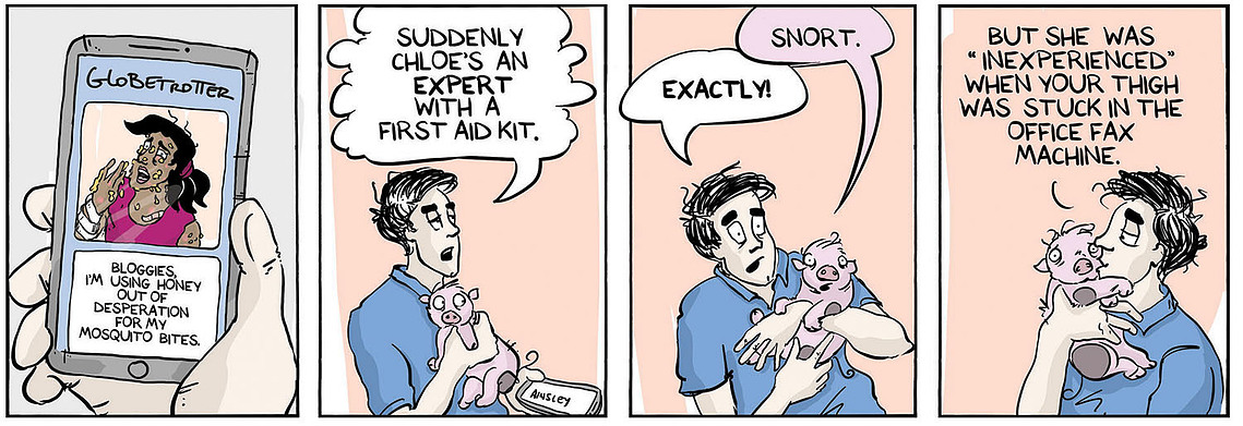 Globetrotter comic #112: Julian and Mr. Wiggles comment on Chloe's Thailand mosquito bite blog post. A humorous moment in Ainsley Ashby's series.