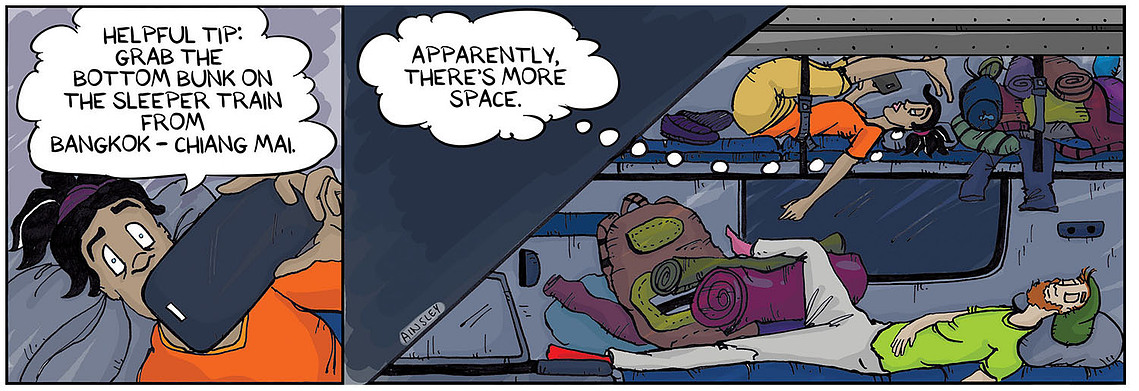 Globetrotter comic #119: Chloe blogs about her cramped train journey from Chiang Mai to Bangkok, complaining about limited top bunk space. A humorous moment by Ainsley Ashby.


