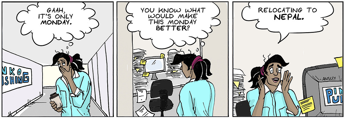  Globetrotter comic strip #9: Chloe explores Inko Publishing, discussing Nepal flights. A humorous and engaging cartoon, perfect for entertainment and media.