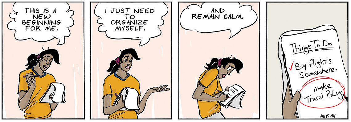 Globetrotter comic strip #27: Chloe makes a list of travel essentials, including flights and a blog. This panel showcases her preparation and excitement for adventure.