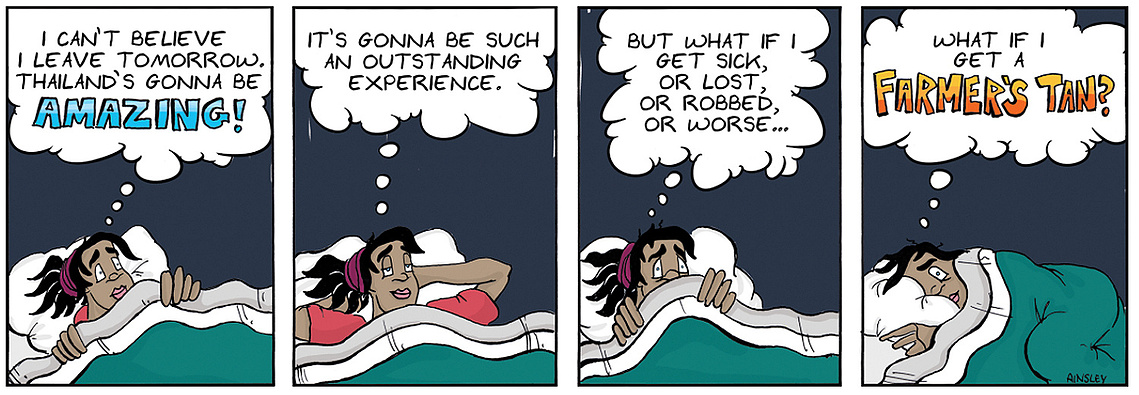 Globetrotter comic #51: Chloe lies awake, battling anxiety before her Thailand trip. This relatable moment captures the pre-travel jitters, showcasing Ainsley Ashby's storytelling skills.
