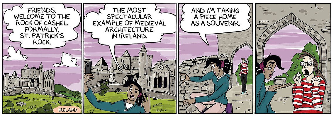 Globetrotter comic #194: Brooke and Chloe explore St. Patrick's Rock, Ireland. Chloe attempts to take a souvenir, leading to a humorous situation.