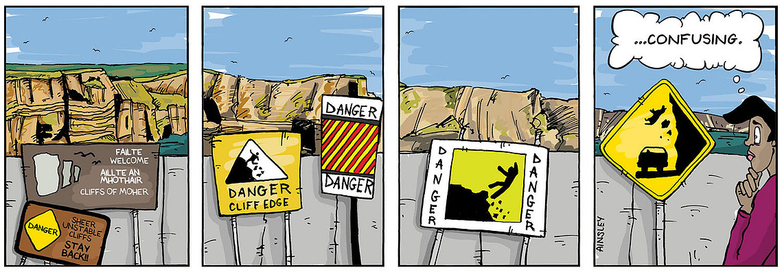 Globetrotter comic #234: Chloe explores the Cliffs of Moher, Ireland. A humorous moment arises when she encounters a warning sign about falling cows.