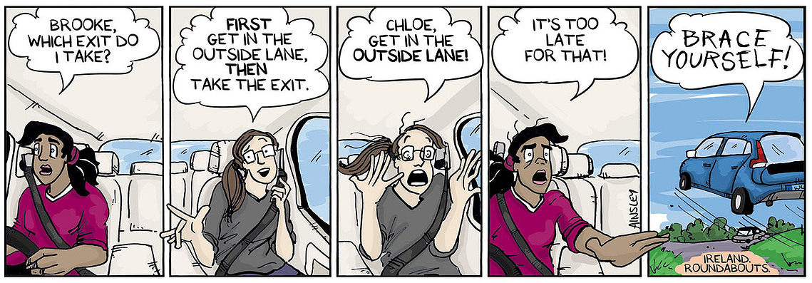 Globetrotter comic #187: Brooke and Chloe navigate a roundabout in Ireland, their first time driving on the right side. A thrilling adventure awaits in this humorous comic by Ainsley Ashby.