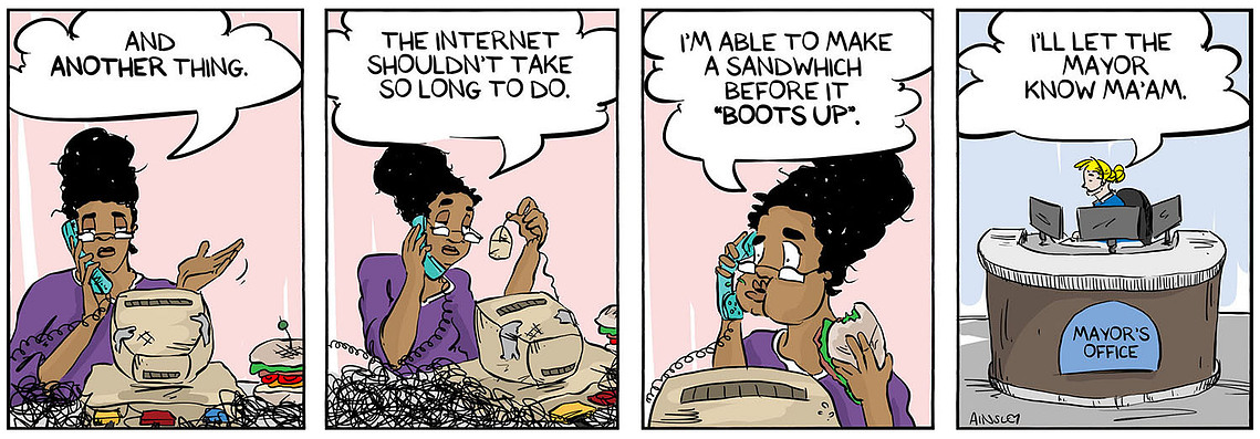 Globetrotter comic #205: Chloe's mom, Elsie, complains about her dial-up internet while eating a sandwich and contacting the mayor's office. A humorous moment in Ainsley Ashby's series.