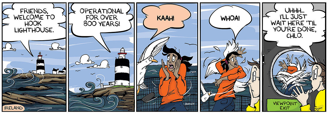 Globetrotter comic #219: Brooke and Chloe visit Hook Lighthouse, Ireland. Chloe encounters a swarm of seagulls, leading to a humorous situation.