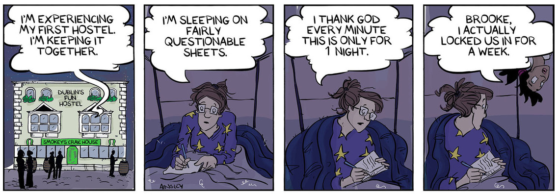 Globetrotter comic: Chloe and Brooke, two intrepid travelers, settle into their first hostel in Ireland for a night of rest. Brooke's apprehensive expression hints at the potential discomfort of a hostel stay.