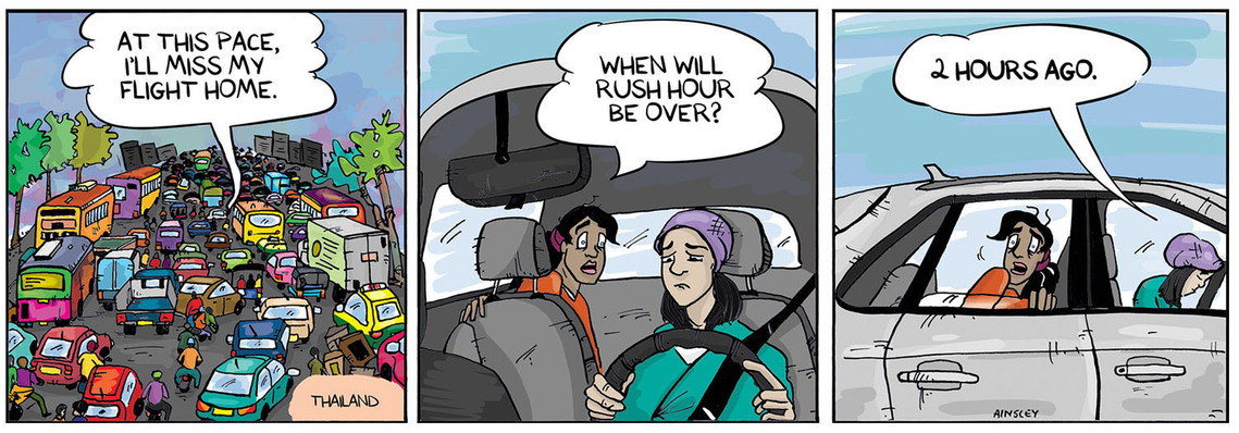 Globetrotter comic #140: Chloe is stuck in a chaotic Bangkok traffic jam while heading to the airport. A humorous moment by Ainsley Ashby.