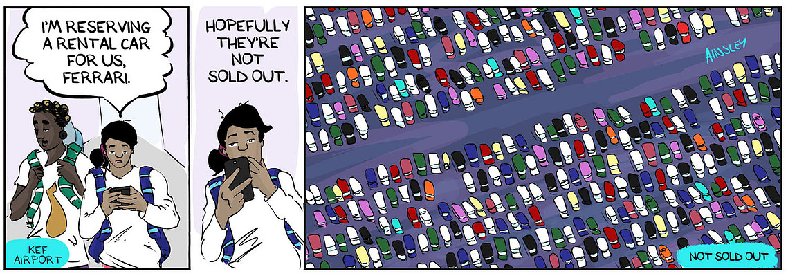Globetrotter comic #601: Chloe and Ferrari arrive in Iceland, unsure about car availability. This humorous situation showcases their adventurous spirit in Ainsley Ashby's series.