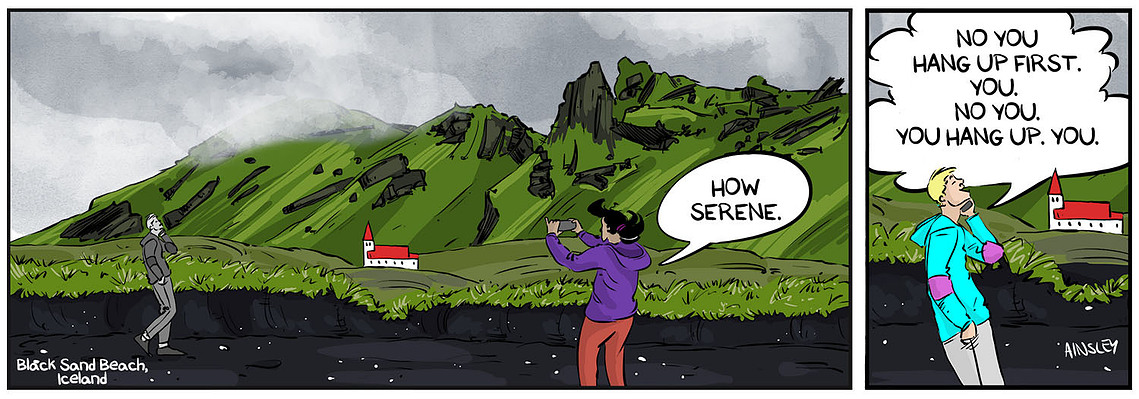Globetrotter comic strip #688: Chloe captures a beautiful Icelandic landscape, but a random guy's phone call interrupts her moment. This humorous scene showcases the challenges of travel photography.