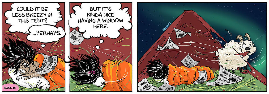 Globetrotter comic #676: Chloe's adopted sheep has caused damage to her rooftop tent in Iceland. Strong winds blow through the hole, creating a humorous situation in Ainsley Ashby's series.
